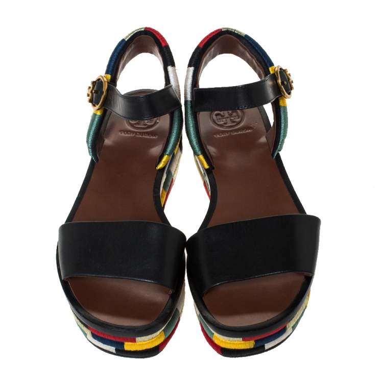 Pre Owned Tory Burch Black Leather Camilla Embroidered Platform Ankle Strap Sandals Size 36