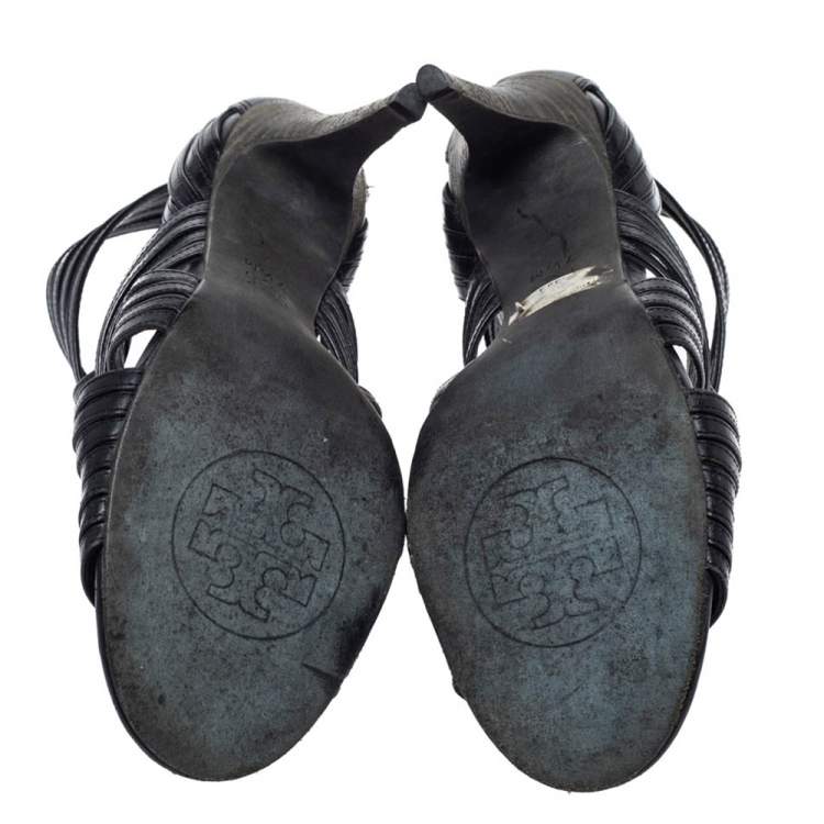 Pre Owned Tory Burch Black Leather Strappy Caged Sandals Size 37.5