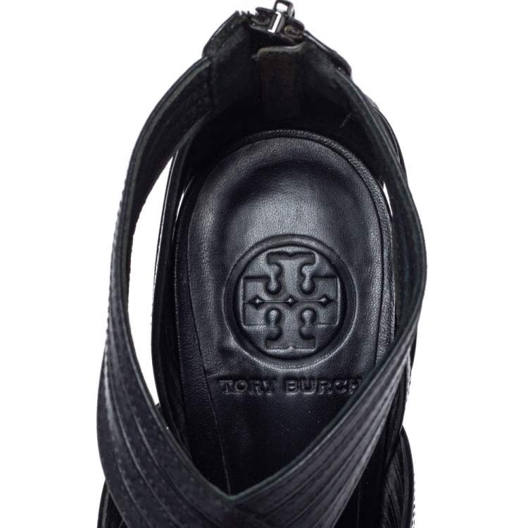 Pre Owned Tory Burch Black Leather Strappy Caged Sandals Size 37.5