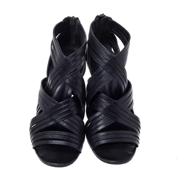 Pre Owned Tory Burch Black Leather Strappy Caged Sandals Size 37.5