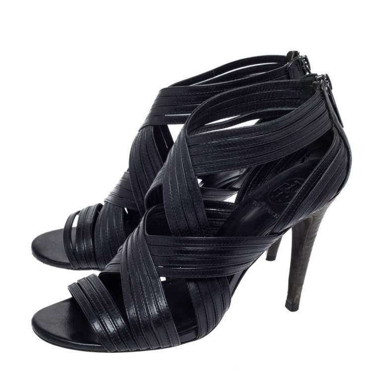 Pre Owned Tory Burch Black Leather Strappy Caged Sandals Size 37.5