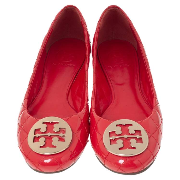 Pre Owned Tory Burch Red Quilted Leather Quinn Ballet Flats Size 37