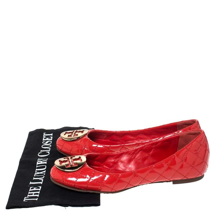 Pre Owned Tory Burch Red Quilted Leather Quinn Ballet Flats Size 37