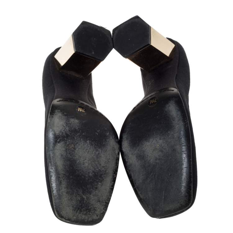 Pre Owned Tory Burch Black Canvas "Regina" Square Toe Block Heel Pumps Size 37.5