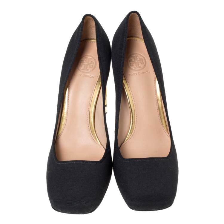 Pre Owned Tory Burch Black Canvas "Regina" Square Toe Block Heel Pumps Size 37.5