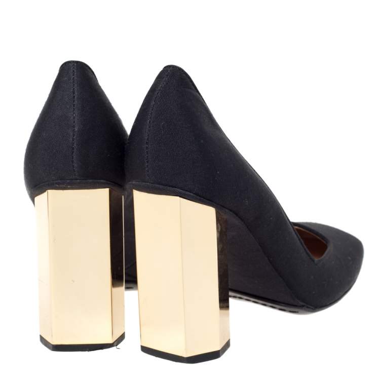 Pre Owned Tory Burch Black Canvas "Regina" Square Toe Block Heel Pumps Size 37.5
