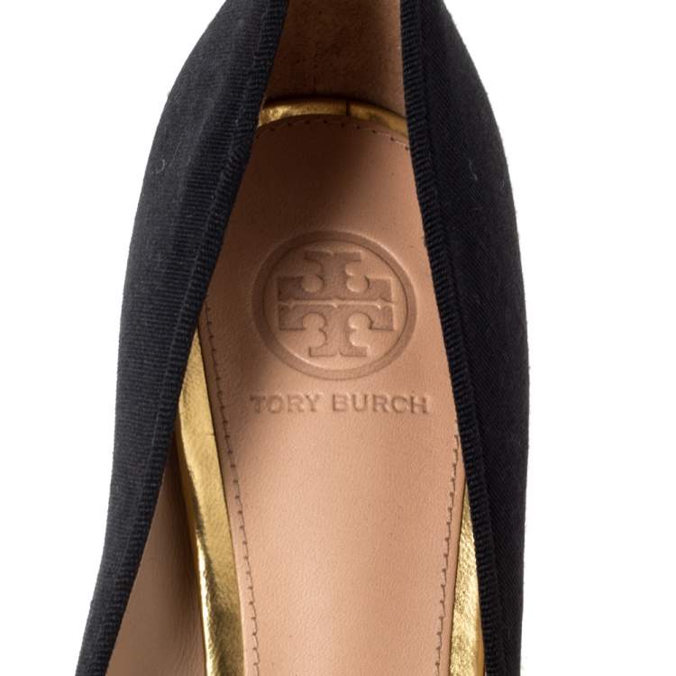 Pre Owned Tory Burch Black Canvas "Regina" Square Toe Block Heel Pumps Size 37.5