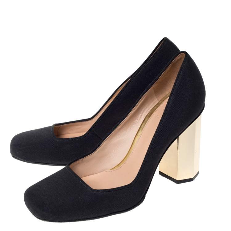 Pre Owned Tory Burch Black Canvas "Regina" Square Toe Block Heel Pumps Size 37.5