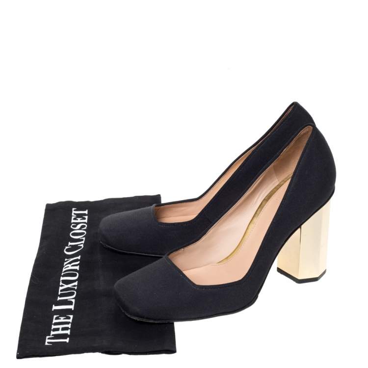 Pre Owned Tory Burch Black Canvas "Regina" Square Toe Block Heel Pumps Size 37.5