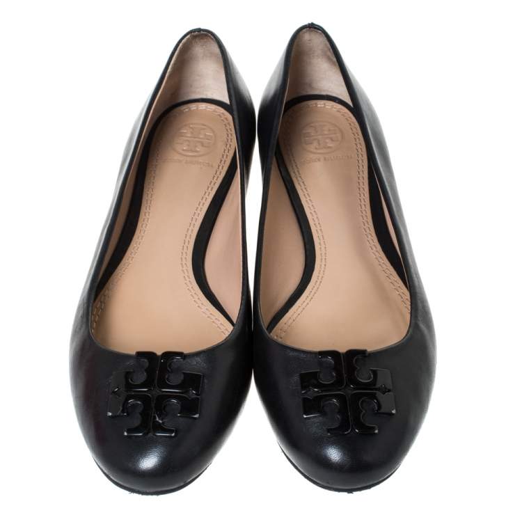 Pre Owned Tory Burch Black Leather Raphael Logo Ballet Flats Size 37.5