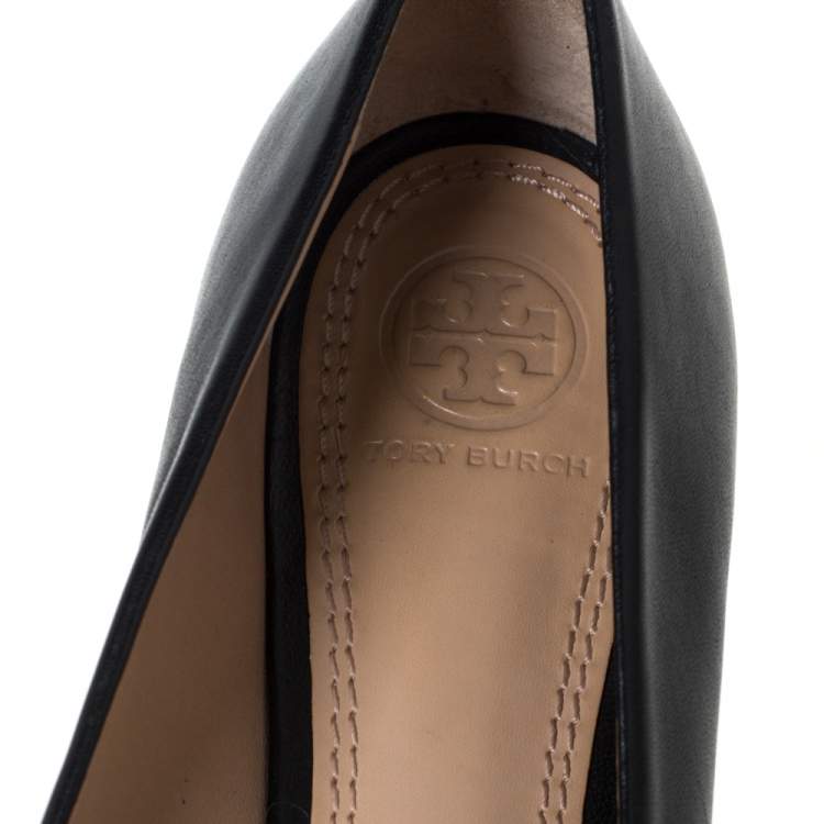 Pre Owned Tory Burch Black Leather Raphael Logo Ballet Flats Size 37.5