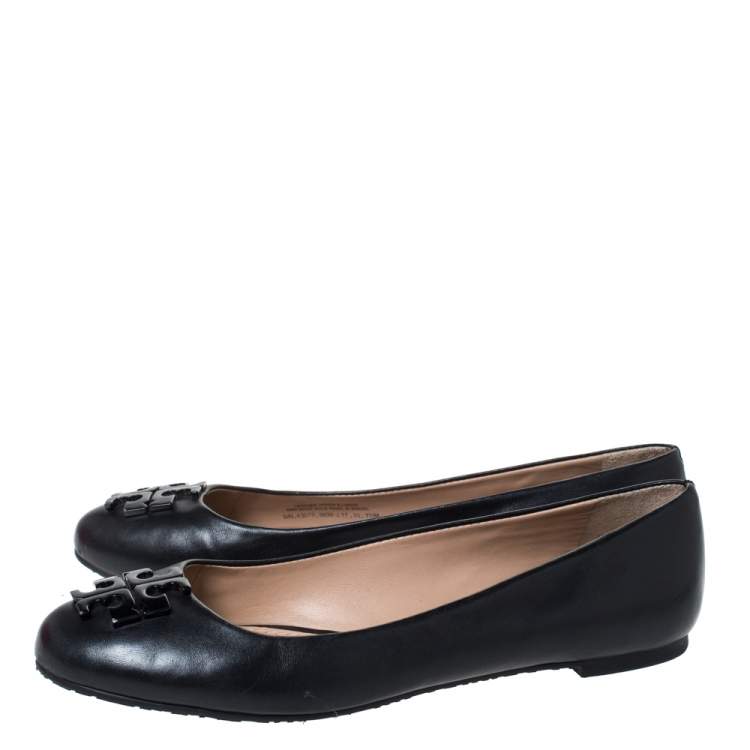 Pre Owned Tory Burch Black Leather Raphael Logo Ballet Flats Size 37.5
