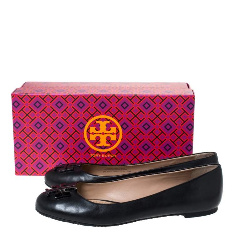 Pre Owned Tory Burch Black Leather Raphael Logo Ballet Flats Size 37.5
