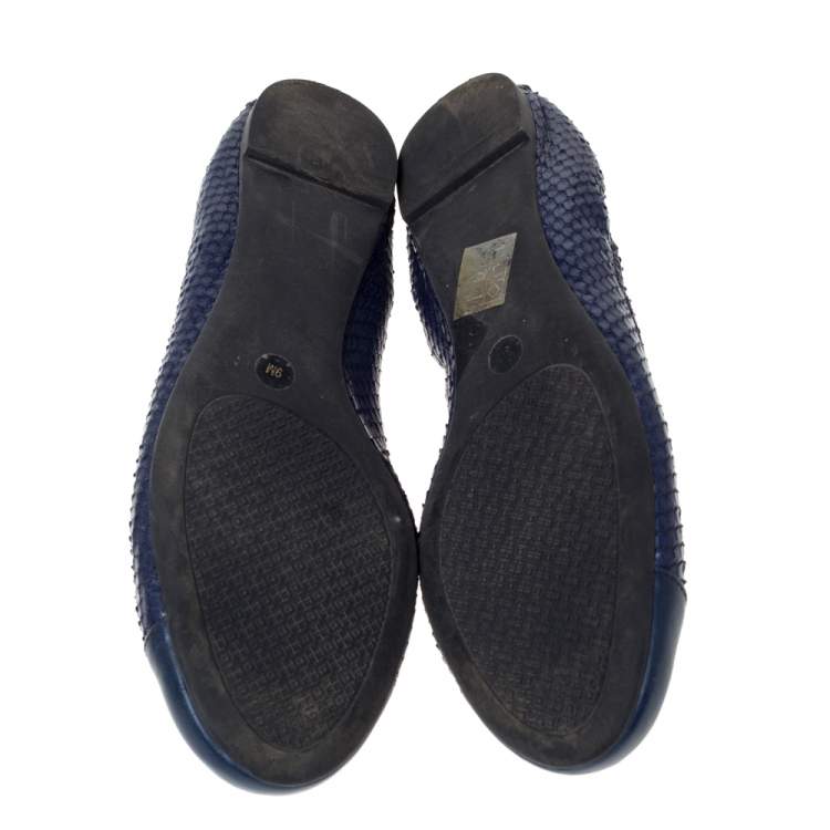 Pre Owned Tory Burch Blue Snake Embossed Leather Cap Toe Scrunch Ballet Flats Size 39