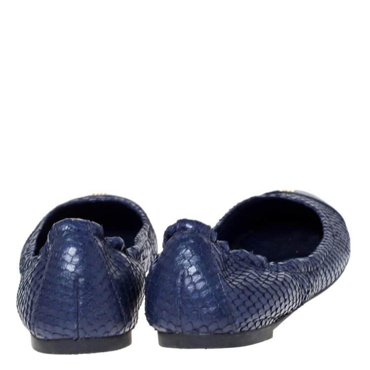 Pre Owned Tory Burch Blue Snake Embossed Leather Cap Toe Scrunch Ballet Flats Size 39