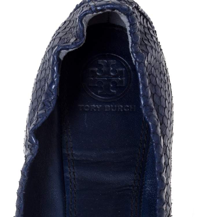 Pre Owned Tory Burch Blue Snake Embossed Leather Cap Toe Scrunch Ballet Flats Size 39
