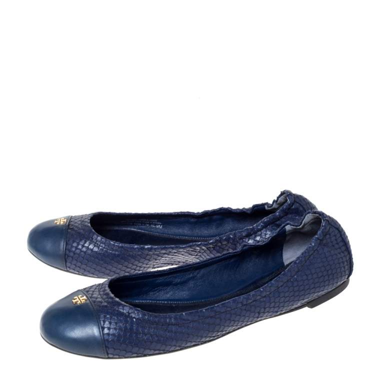 Pre Owned Tory Burch Blue Snake Embossed Leather Cap Toe Scrunch Ballet Flats Size 39