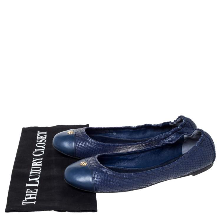 Pre Owned Tory Burch Blue Snake Embossed Leather Cap Toe Scrunch Ballet Flats Size 39