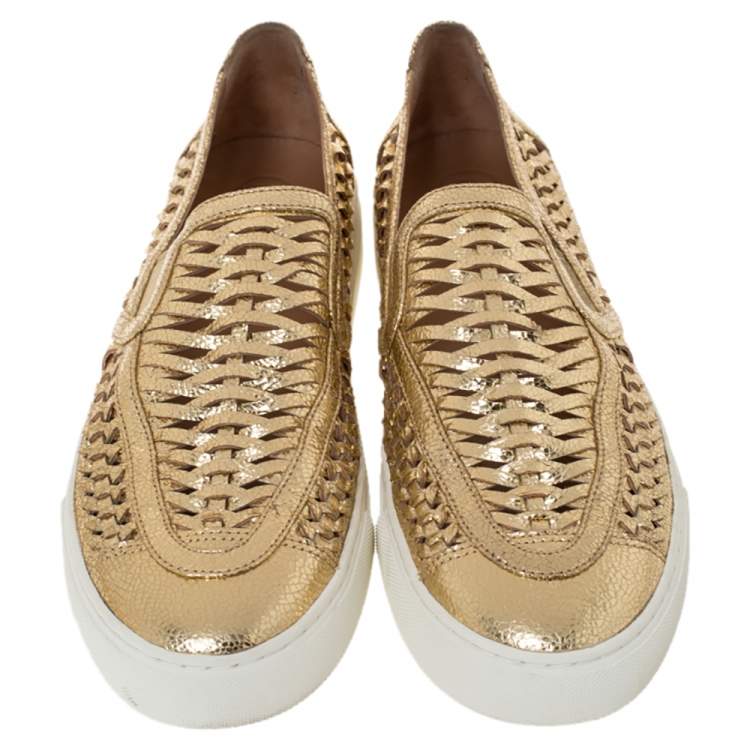 Pre Owned Tory Bruch Gold Woven Leather Huarache Slip On Sneakers Size 40