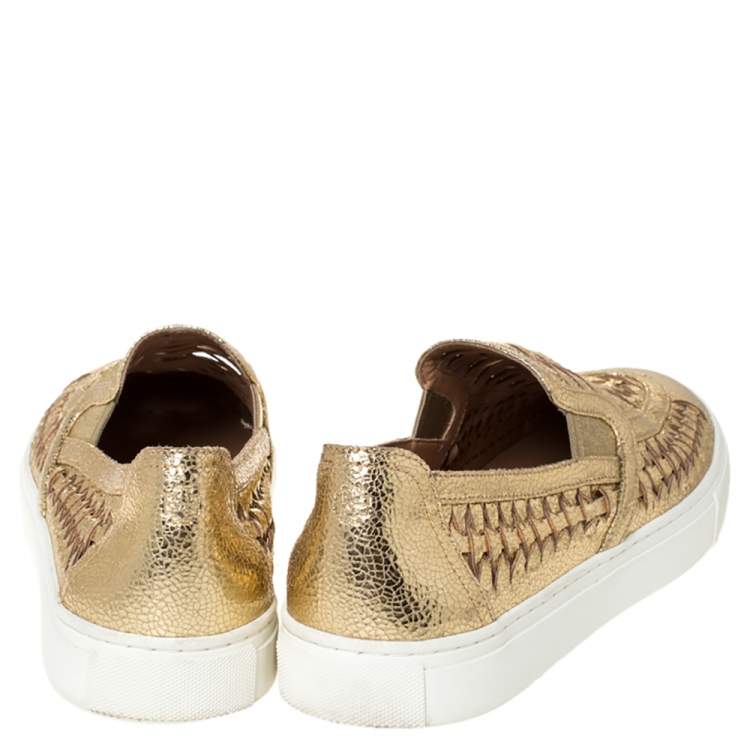 Pre Owned Tory Bruch Gold Woven Leather Huarache Slip On Sneakers Size 40