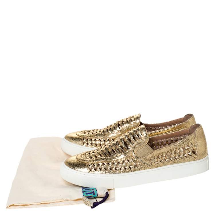 Pre Owned Tory Bruch Gold Woven Leather Huarache Slip On Sneakers Size 40