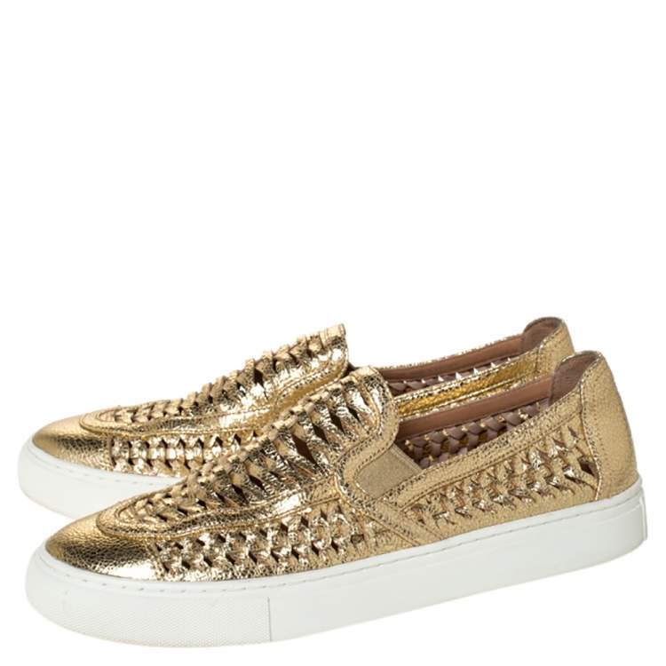 Pre Owned Tory Bruch Gold Woven Leather Huarache Slip On Sneakers Size 40