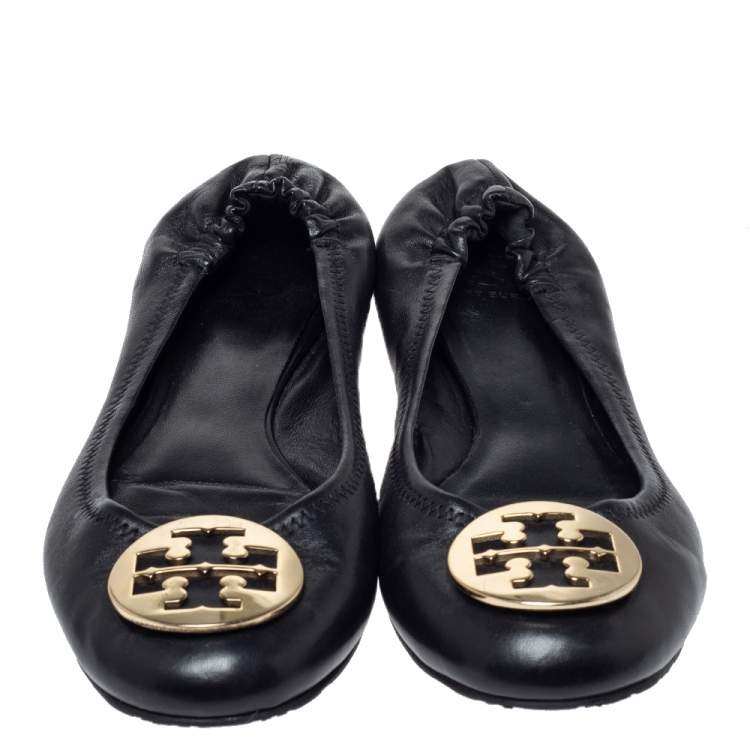 Pre Owned Tory Burch Black Leather Minnie Scrunch Ballet Flats Size 41