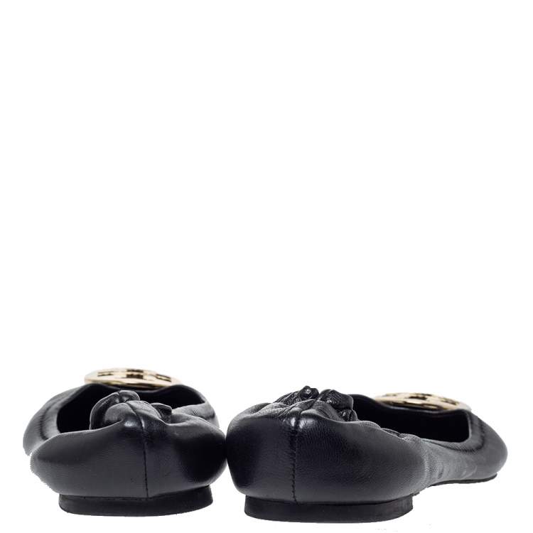 Pre Owned Tory Burch Black Leather Minnie Scrunch Ballet Flats Size 41