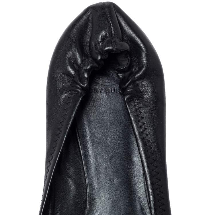 Pre Owned Tory Burch Black Leather Minnie Scrunch Ballet Flats Size 41