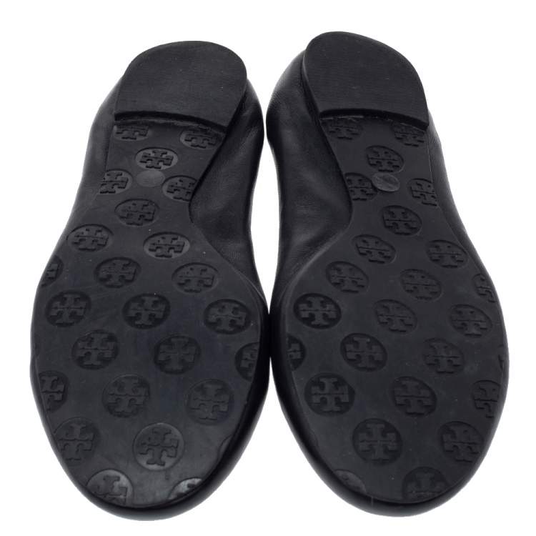 Pre Owned Tory Burch Black Leather Minnie Scrunch Ballet Flats Size 41