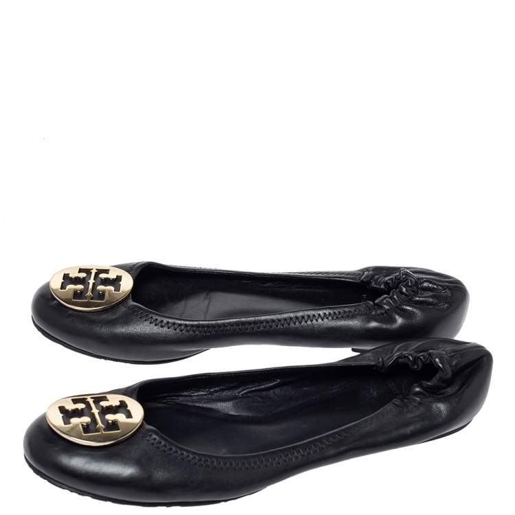 Pre Owned Tory Burch Black Leather Minnie Scrunch Ballet Flats Size 41