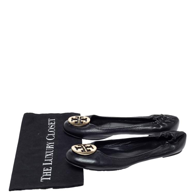 Pre Owned Tory Burch Black Leather Minnie Scrunch Ballet Flats Size 41