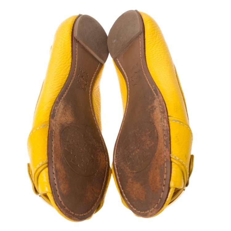Pre Owned Tory Burch Mustard Leather Cline Peep Toe Ballet Flats Size 35.5
