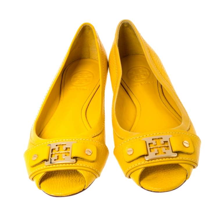 Pre Owned Tory Burch Mustard Leather Cline Peep Toe Ballet Flats Size 35.5