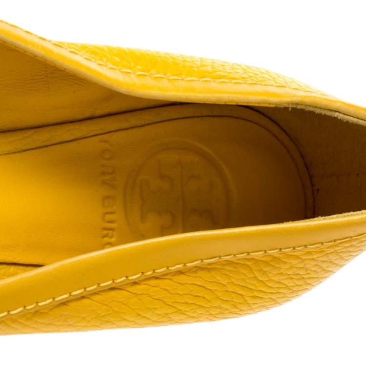 Pre Owned Tory Burch Mustard Leather Cline Peep Toe Ballet Flats Size 35.5