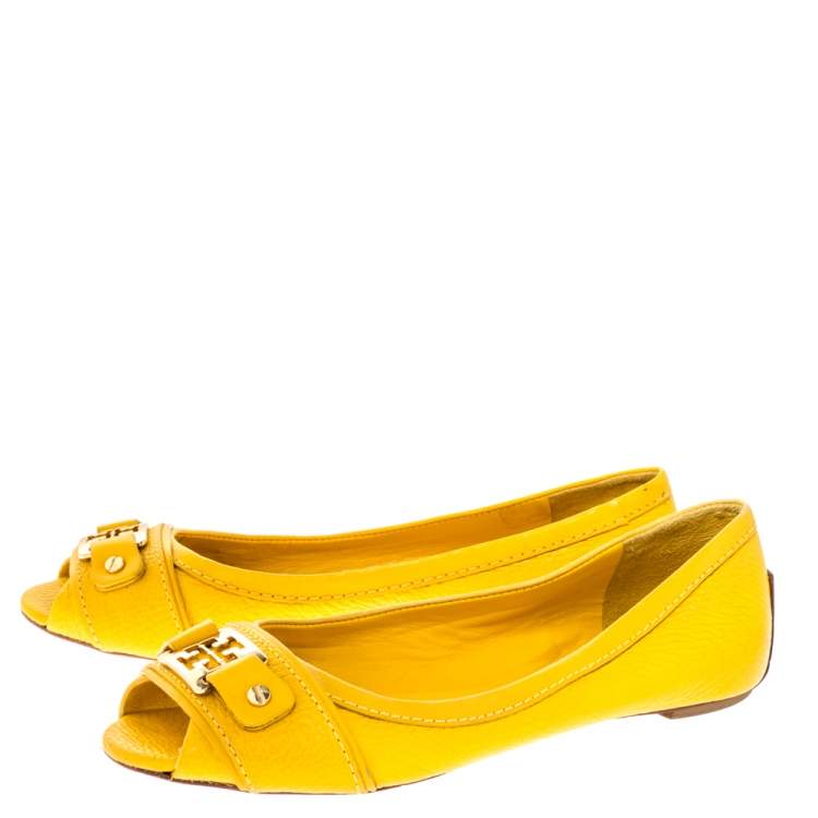 Pre Owned Tory Burch Mustard Leather Cline Peep Toe Ballet Flats Size 35.5