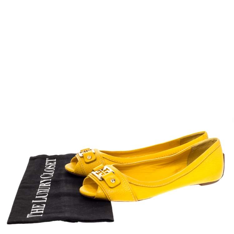 Pre Owned Tory Burch Mustard Leather Cline Peep Toe Ballet Flats Size 35.5