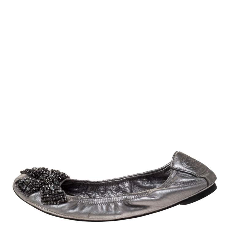 Tory Burch Metallic Silver Leather Azalea Scrunch Ballet Flats Size 38 Tory  Burch | TLC