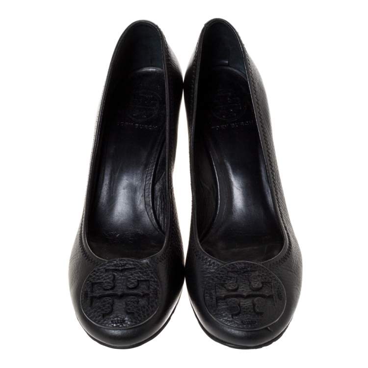 Pre Owned Tory Burch Black Leather Chelsea Wedge Pumps Size 39