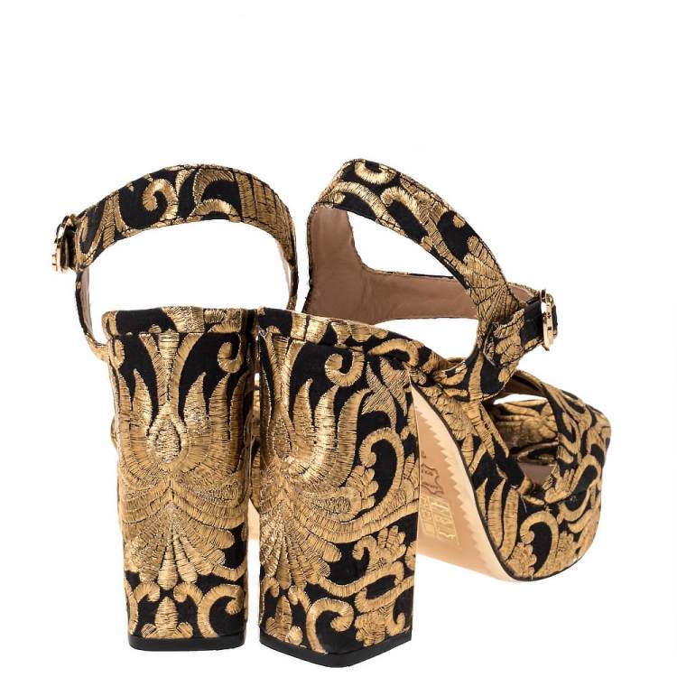 Pre Owned Tory Burch Gold/Black Brocade Fabric Loretta Sandals Size 39