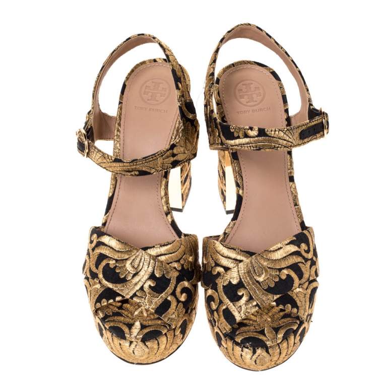 Pre Owned Tory Burch Gold/Black Brocade Fabric Loretta Sandals Size 39