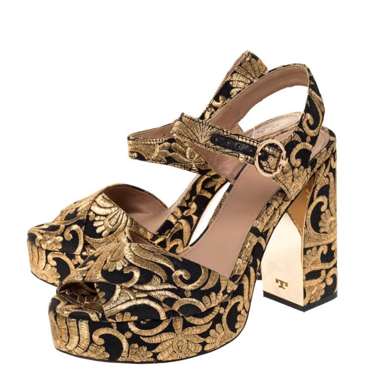 Pre Owned Tory Burch Gold/Black Brocade Fabric Loretta Sandals Size 39