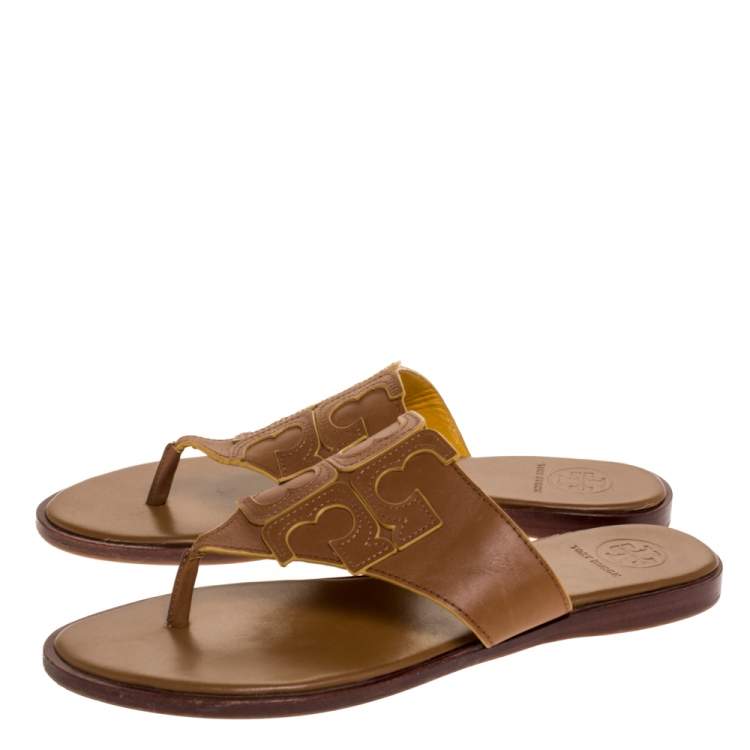 مملوكة مسبقًا Tory Burch Brown Leather Jamie Flat Thong Sandals Size 37