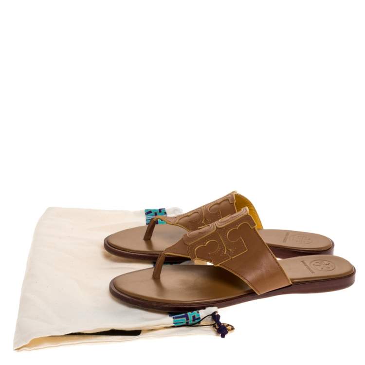 مملوكة مسبقًا Tory Burch Brown Leather Jamie Flat Thong Sandals Size 37