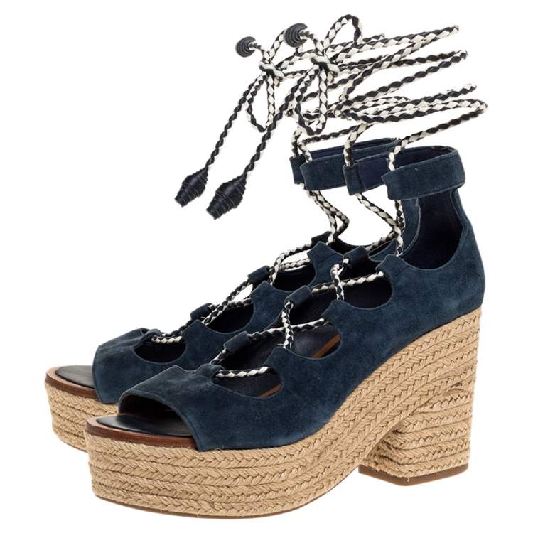 مملوكة مسبقًا Tory Burch Blue Suede Positano Wege Ankle Wrap Sandals Size 38.5