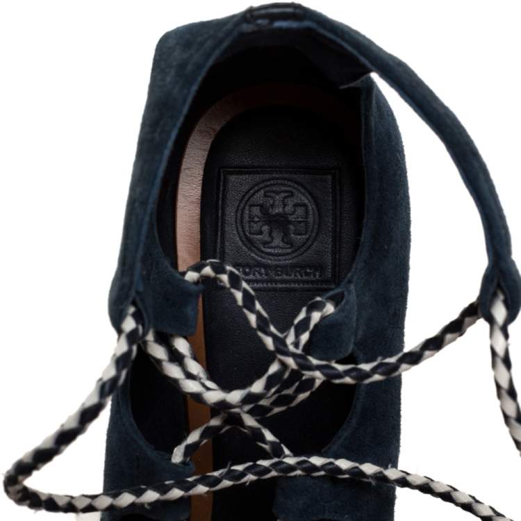 مملوكة مسبقًا Tory Burch Blue Suede Positano Wege Ankle Wrap Sandals Size 38.5