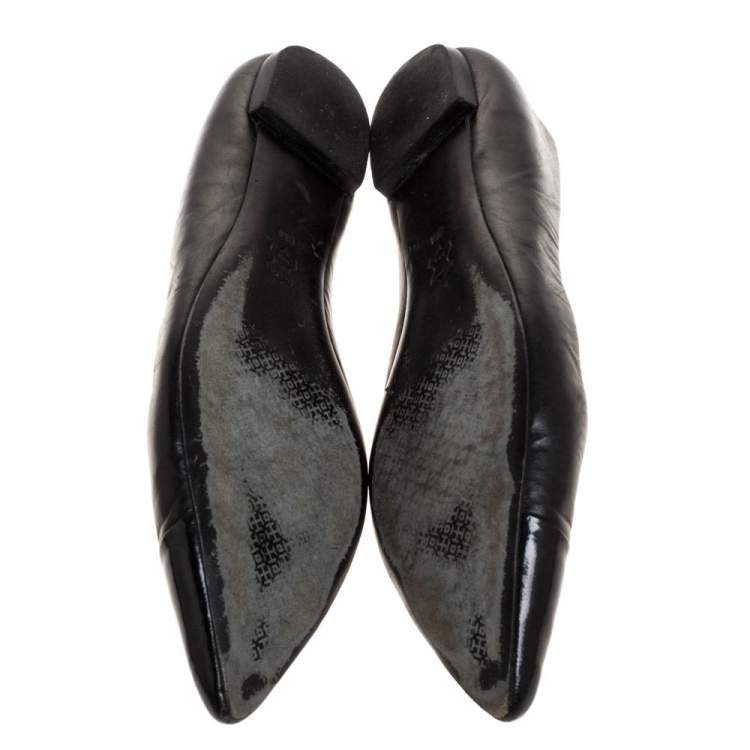 Pre Owned Tory Burch Black Leather Cap Toe Ballet Flats Size 38