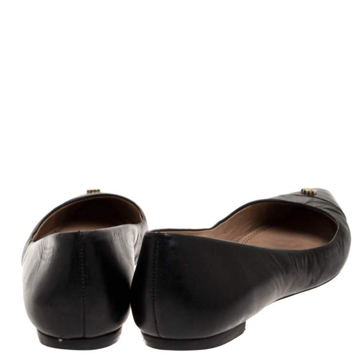 Pre Owned Tory Burch Black Leather Cap Toe Ballet Flats Size 38