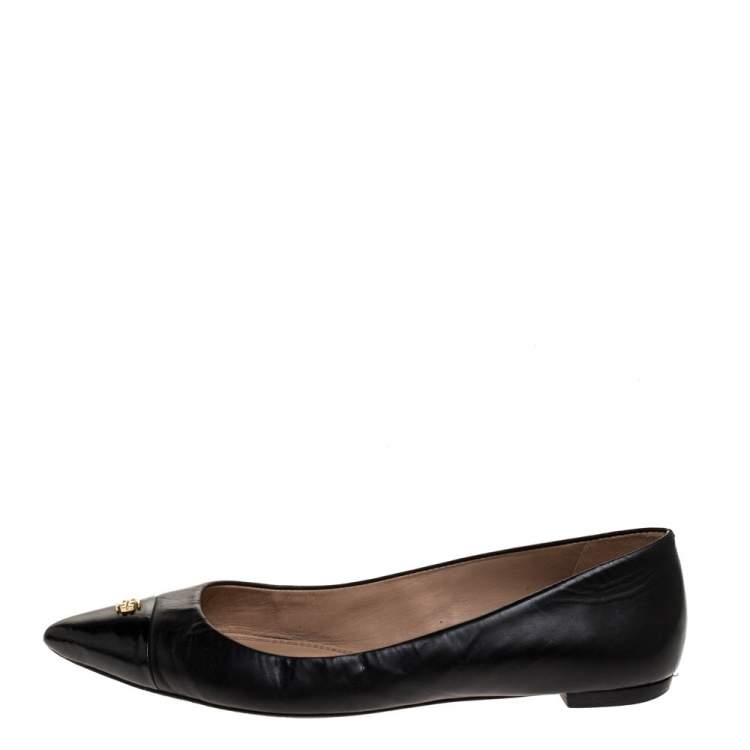Pre Owned Tory Burch Black Leather Cap Toe Ballet Flats Size 38