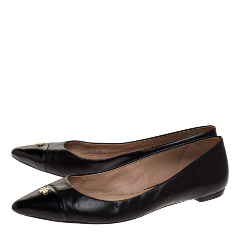 Pre Owned Tory Burch Black Leather Cap Toe Ballet Flats Size 38